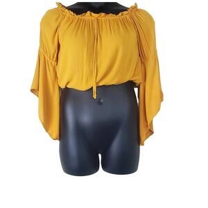 CHARLOTTE RUSSE Mustard Yellow Boho Bell Sleeve Cropped Blouse | Size XS